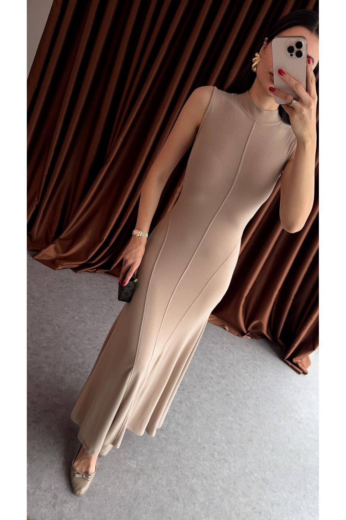 HAZELANNA-Rochie crem model Pește cu cusătură în față 3