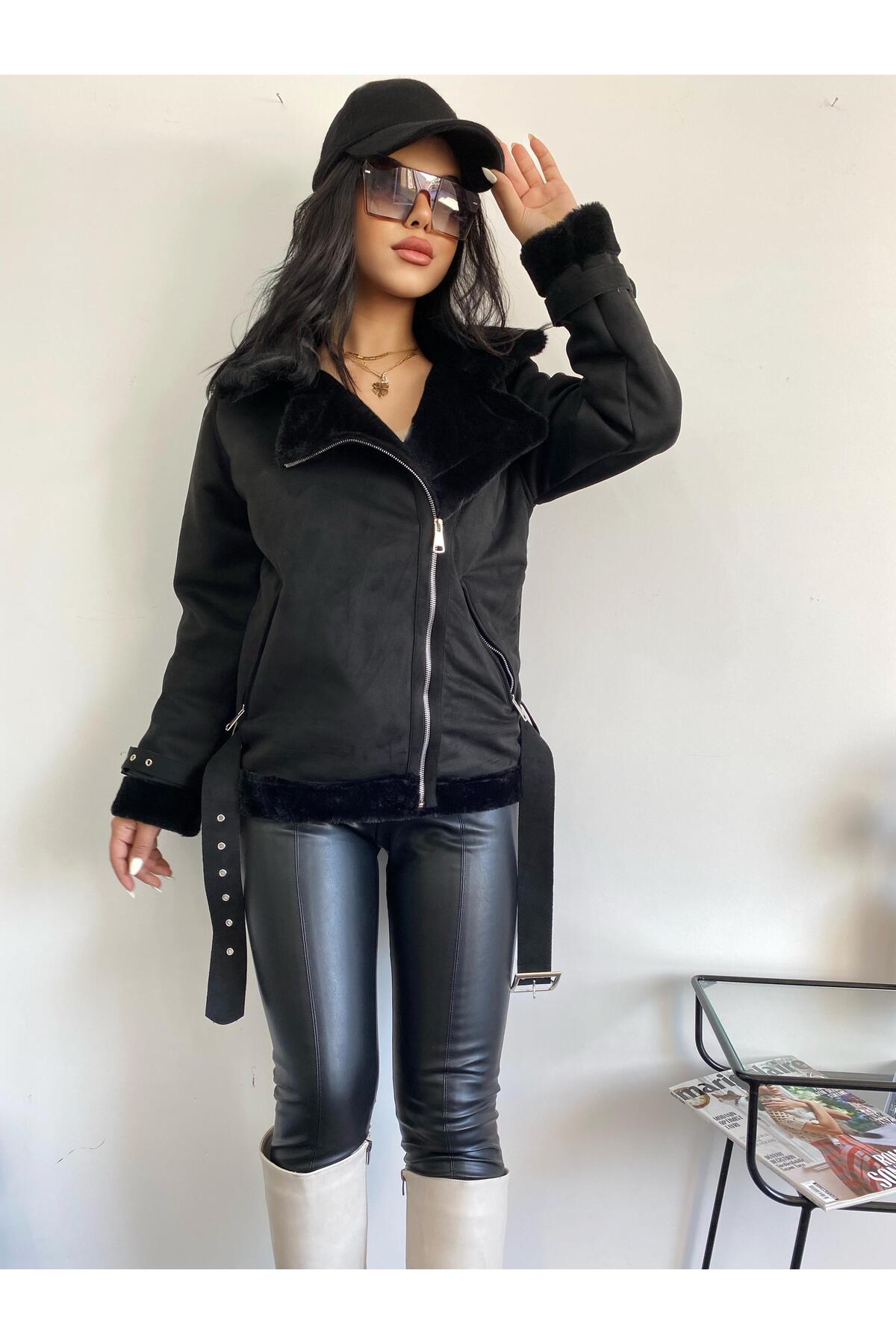 Women's Long Suede Coat Black with Fur and Belt - Görsel 3
