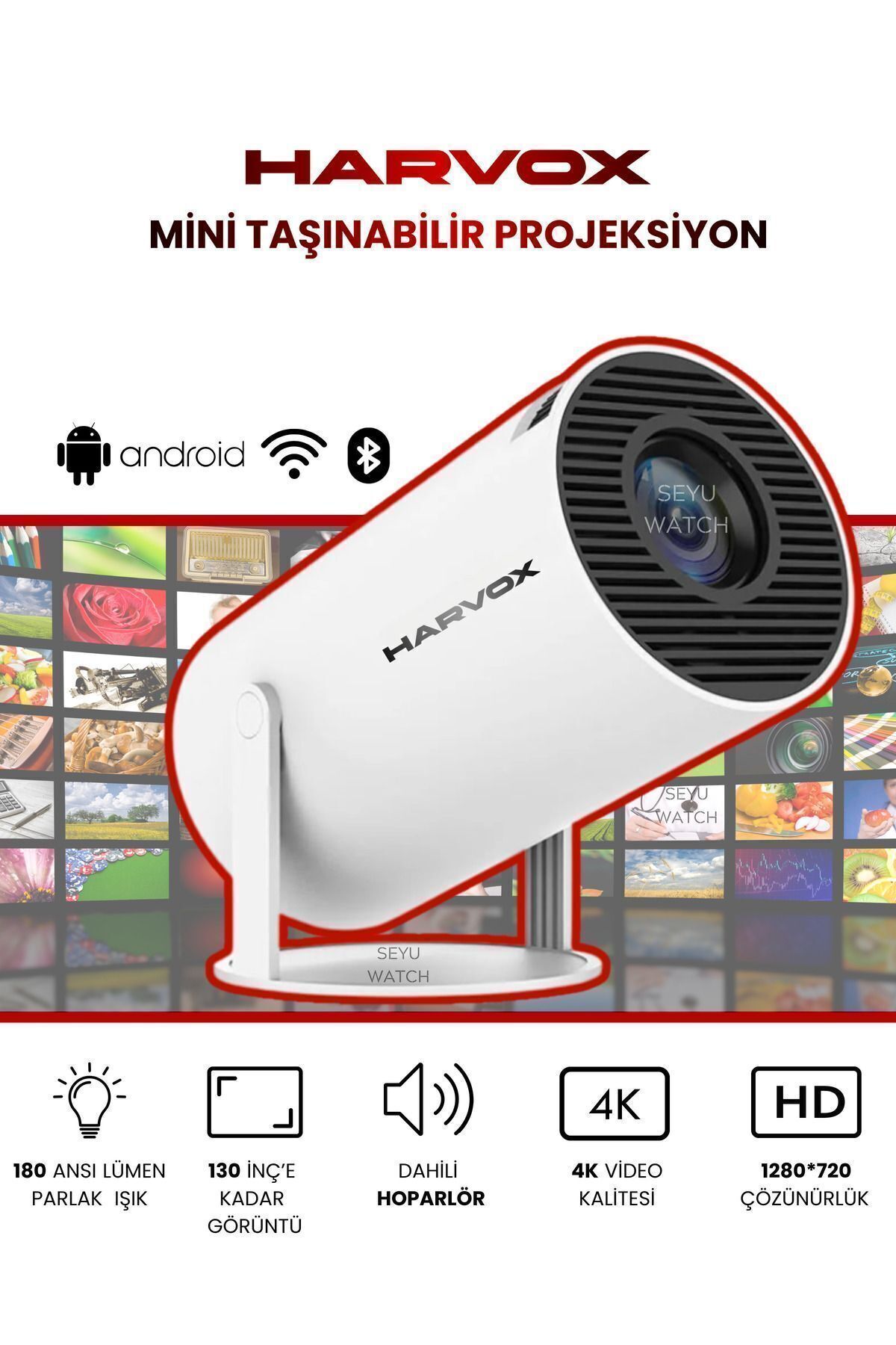 Techno Stock Taşınabilir 130" inç Yansıtma Sinema Projeksiyon Cihazı Ev Sineması Dahili Android 11...