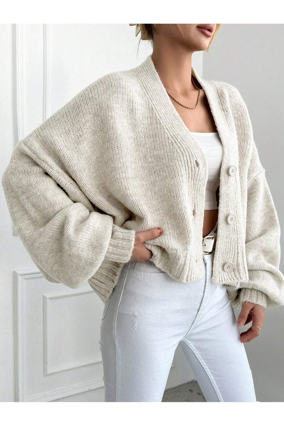 ALTINER  Kadın Taş Rengi Oversize Triko Hırka - Görsel 4