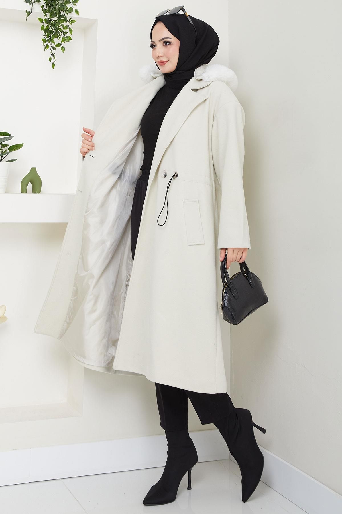 hafsamina-Ecru Stamp Coat - Hooded and Drawstring Waist Hm2604 3
