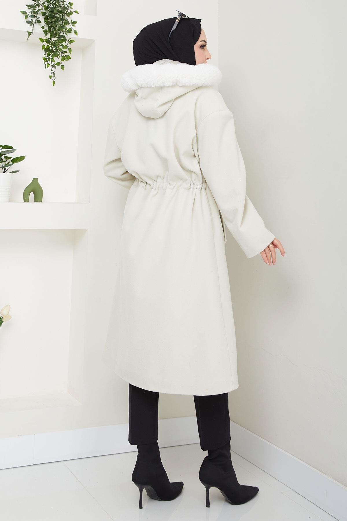 hafsamina-Ecru Stamp Coat - Hooded and Drawstring Waist Hm2604 5