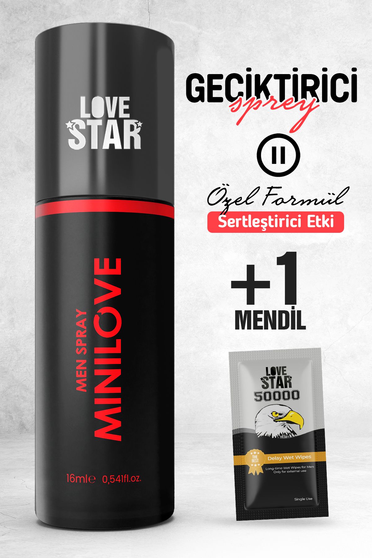 Love Star 15ml Geciktirmeye Yardımcı Sprey ve 1 Adet Tek Kullanımlık Mendil Geciktiricili Set