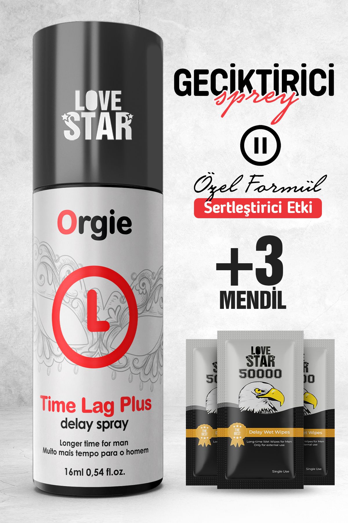 Love Star Pluss Geciktiricili Sprey Avrupa'dan İthal ve 3 Adet Tek Kullanımlık Mendil Geciktiricili Set