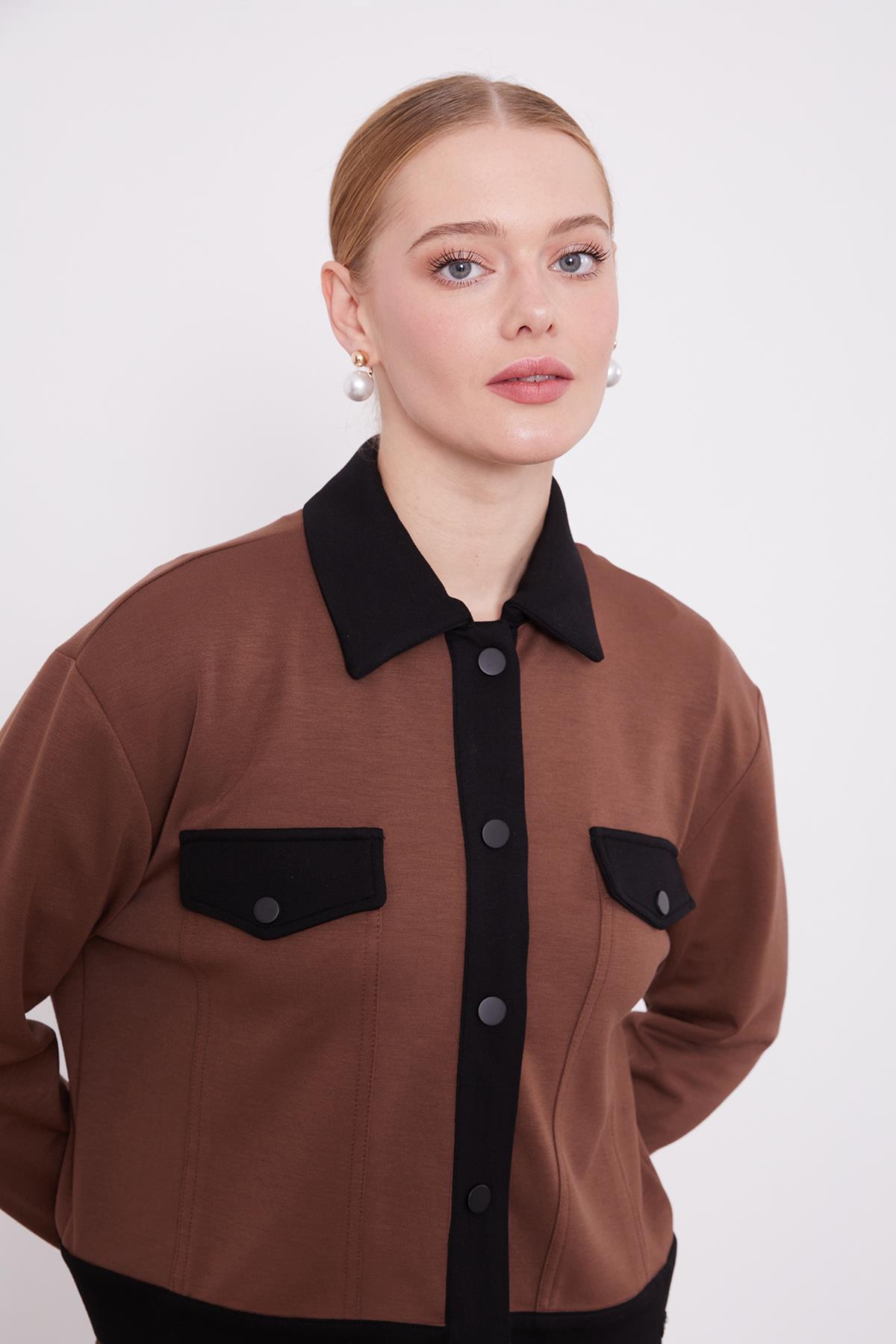 Levidor-Acikahve-Black Shirt Collar Snap Closure Combed Cotton Skirt Suit 4