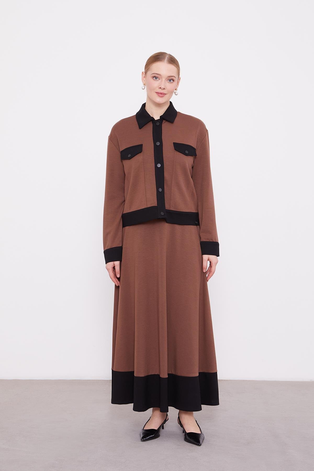 Levidor-Acikahve-Black Shirt Collar Snap Closure Combed Cotton Skirt Suit 2