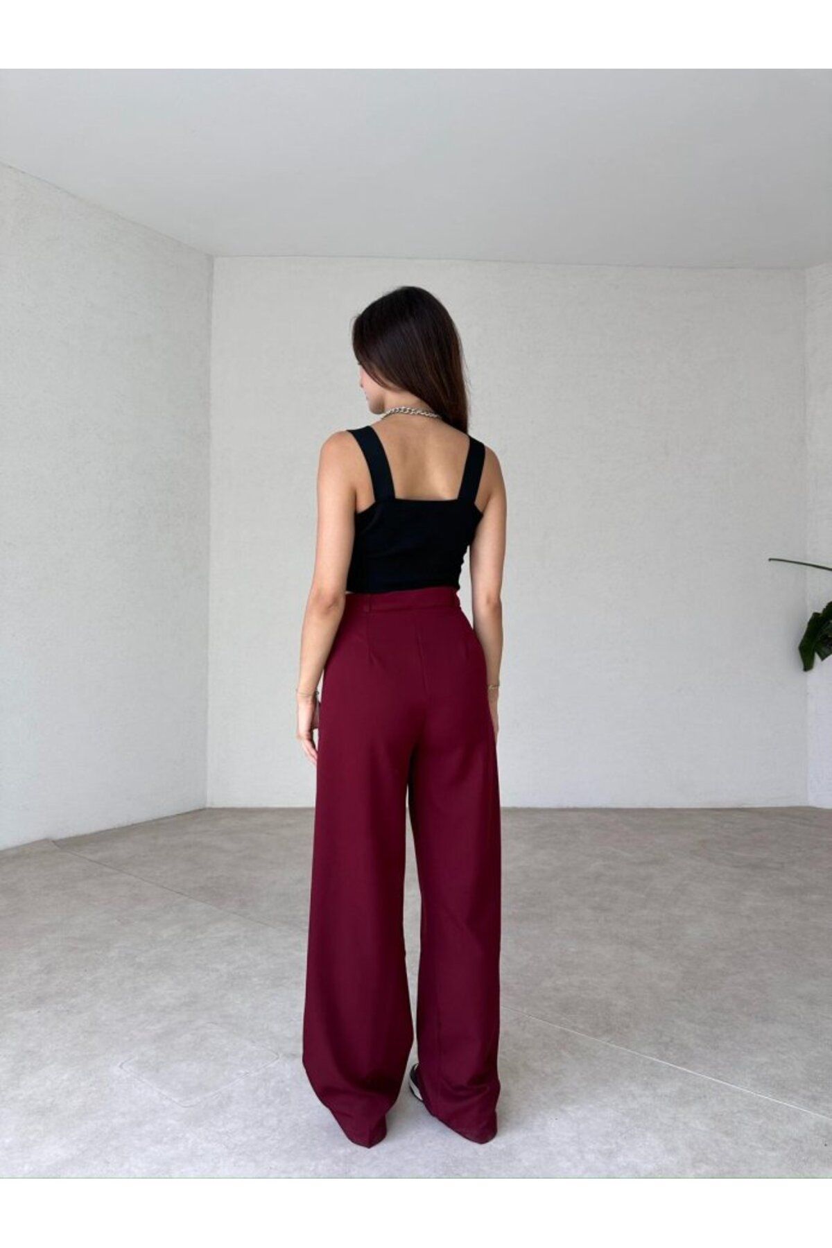NARKISS-Burgundy Palazzo Trousers - Waist Cuffs and Buttons 3