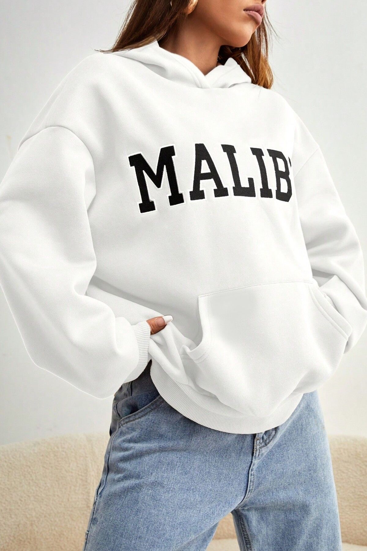 MODAGEN-Unisex White Hooded Malibu Printed Oversize Sweatshirt 3