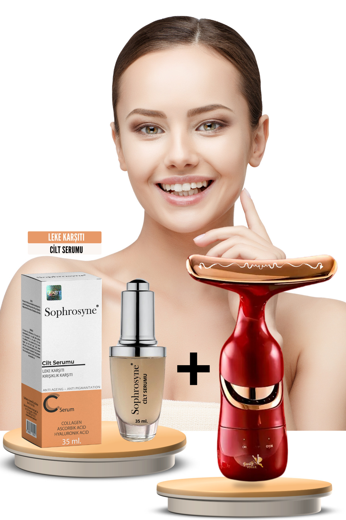 Beauty Vogue Yüz Boyun Masaj Kırışıklık Karşıtı Cilt Bakım Cihazı C Serum Kırışıklık Leke Karşıtı — قرمز EA4084+C-SRM
