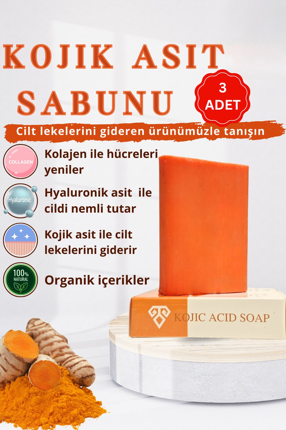 Anatolia Soap Kojik Asit Zerdeçal 3 adet Cilt Sabun Barı Kolajen Etkisi Hyaluronik Yüz Temizleyici