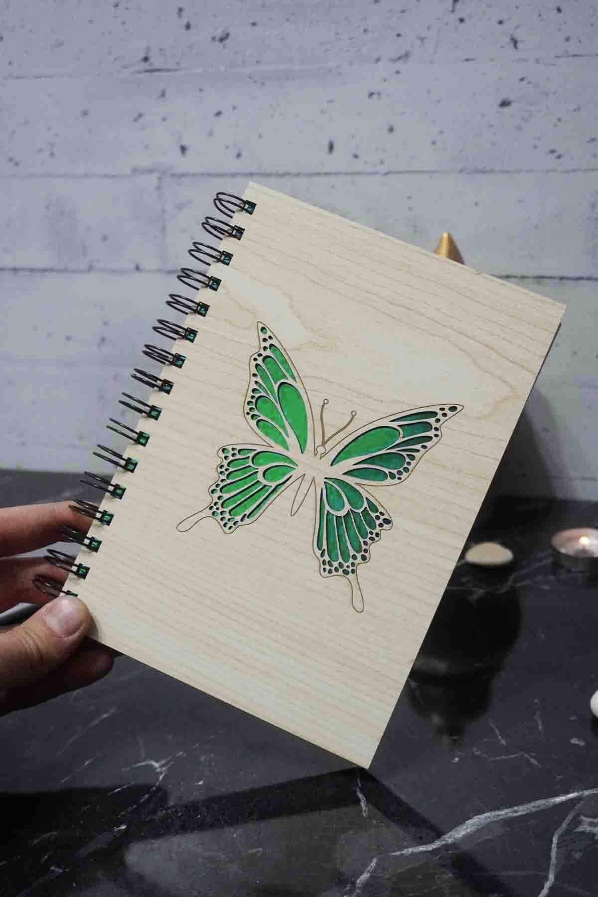 markcat-Butterfly Patterned Wooden Notebook - Diary - Unlined Notebook (Notebook) A5 Unlined Agenda 2