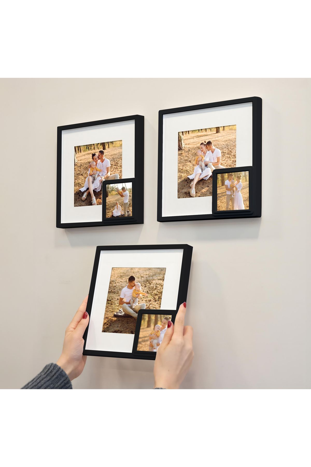 Elioure Yapışkanlı, yavrulu, sök-tak, paspartulu, siyah, 21x21cm, kare fotoğraf çerçevesi, 3'lü set