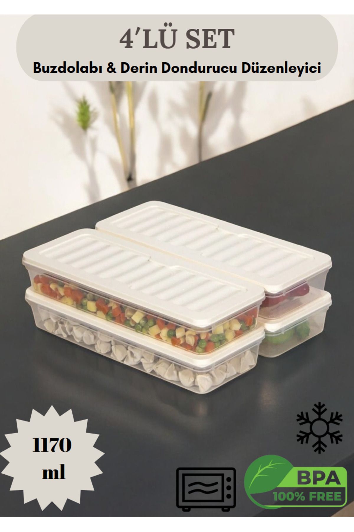Flash Bazaar-4-Piece Fridge Organizer - Storage Container with Cream Lid for Microwave and Freeze 4 X 1170 ml 2