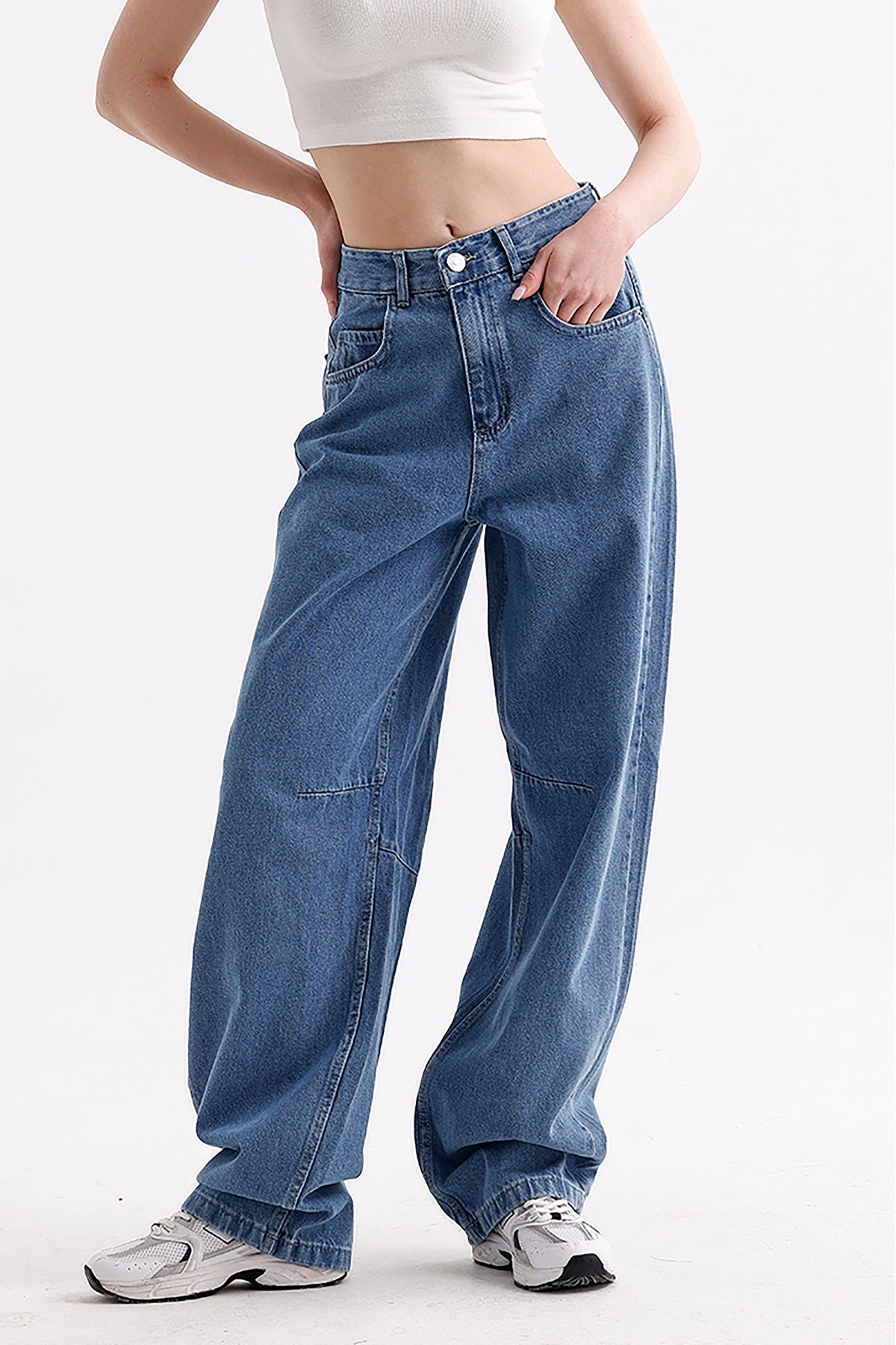 VOSSAX-Women's High Waist Buckle Detailed Loose Fitting Wide Leg Casual Baggy Jean Blue Jeans Loose Pants 1