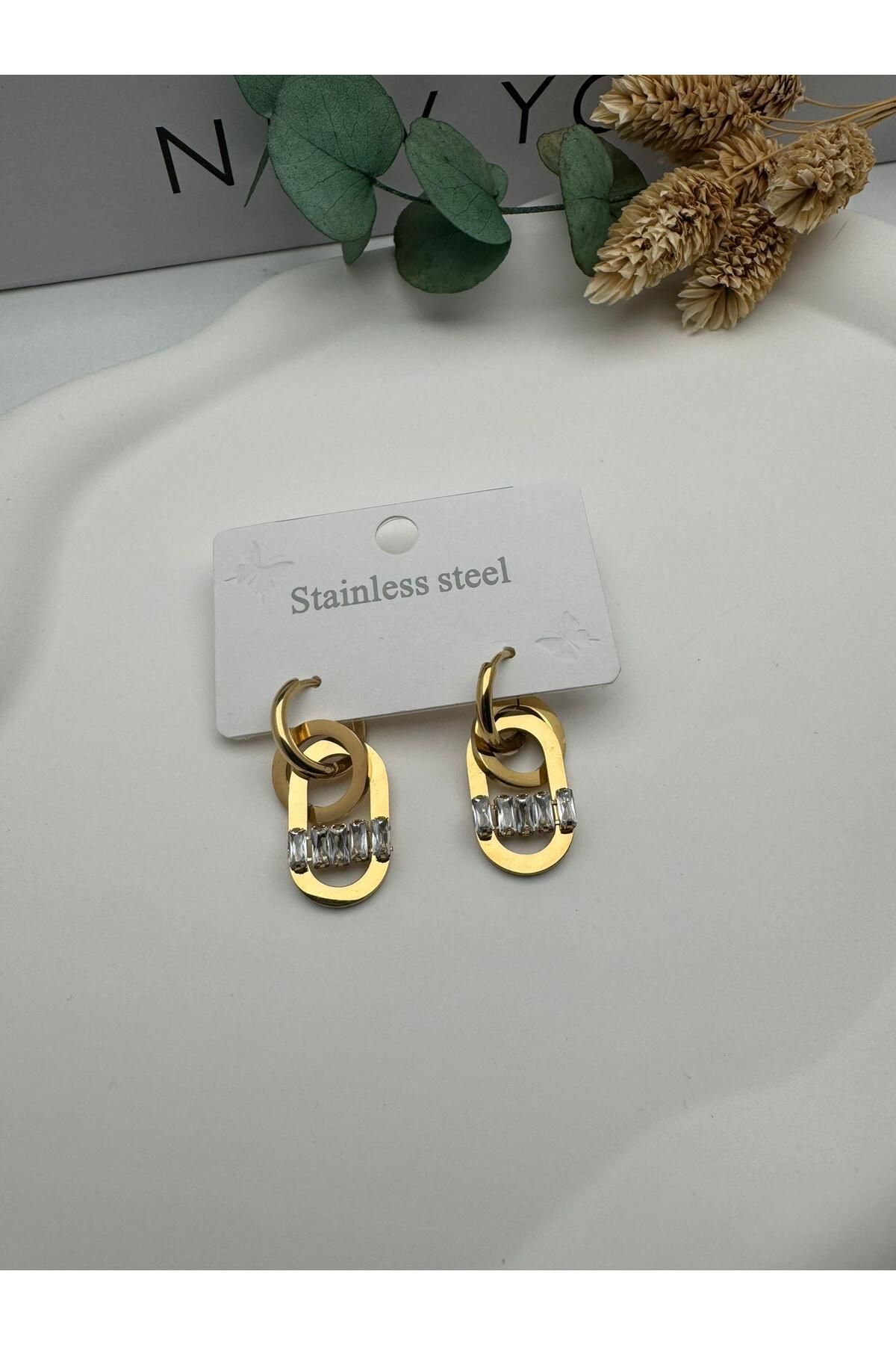 HEDİYELANDY Taşlı Çelik Küpe (Gold) Kp459-01