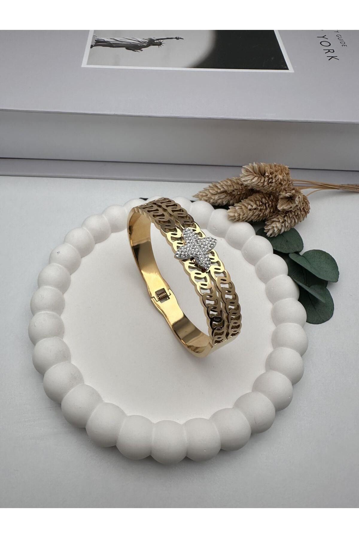 GLY ÇLKBİJUTERİ Taşlı (Gold) Çelik Kelepçe 2151