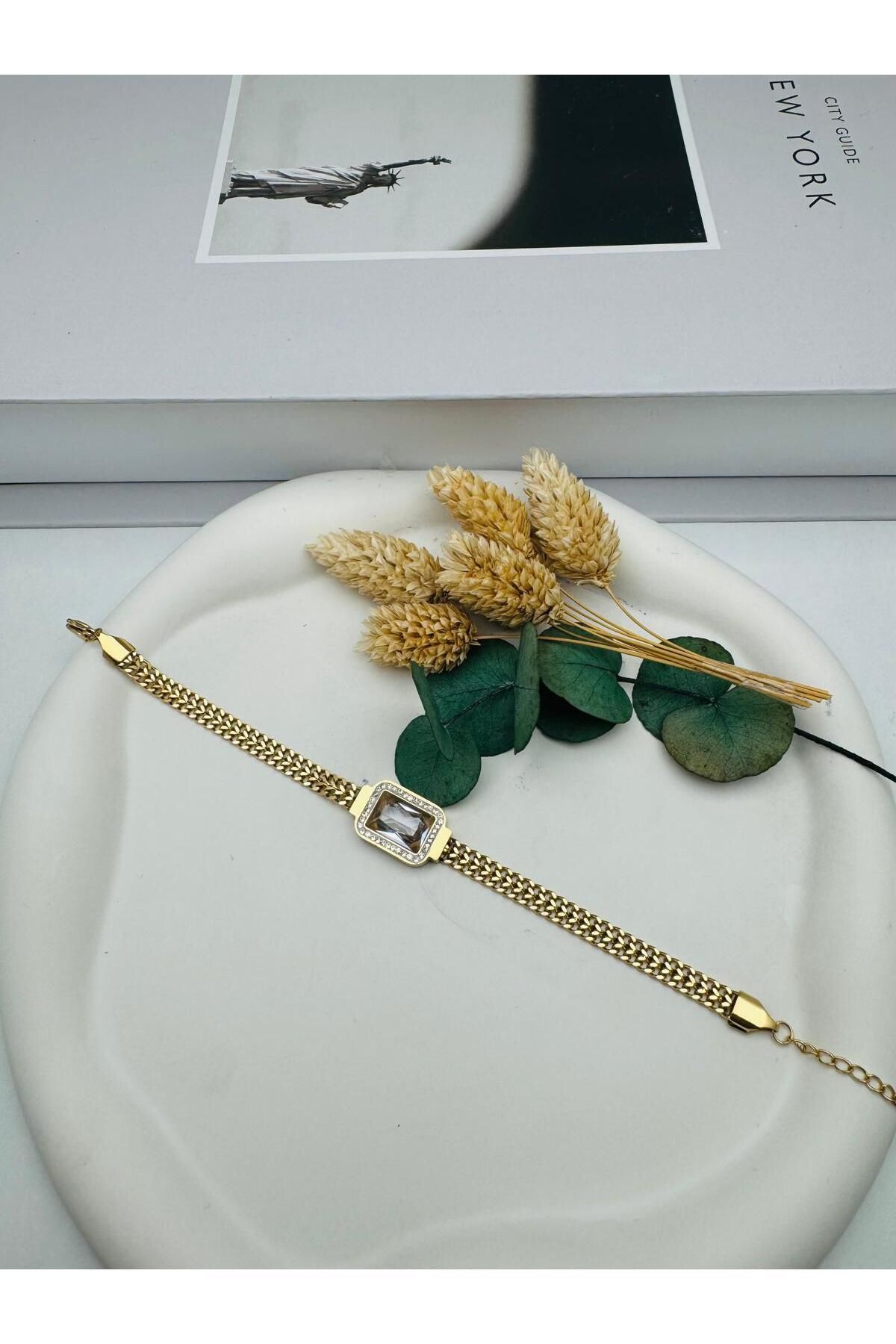 HEDİYELANDY Baget Taş Detaylı Çelik Bileklik (Gold) Blk 266