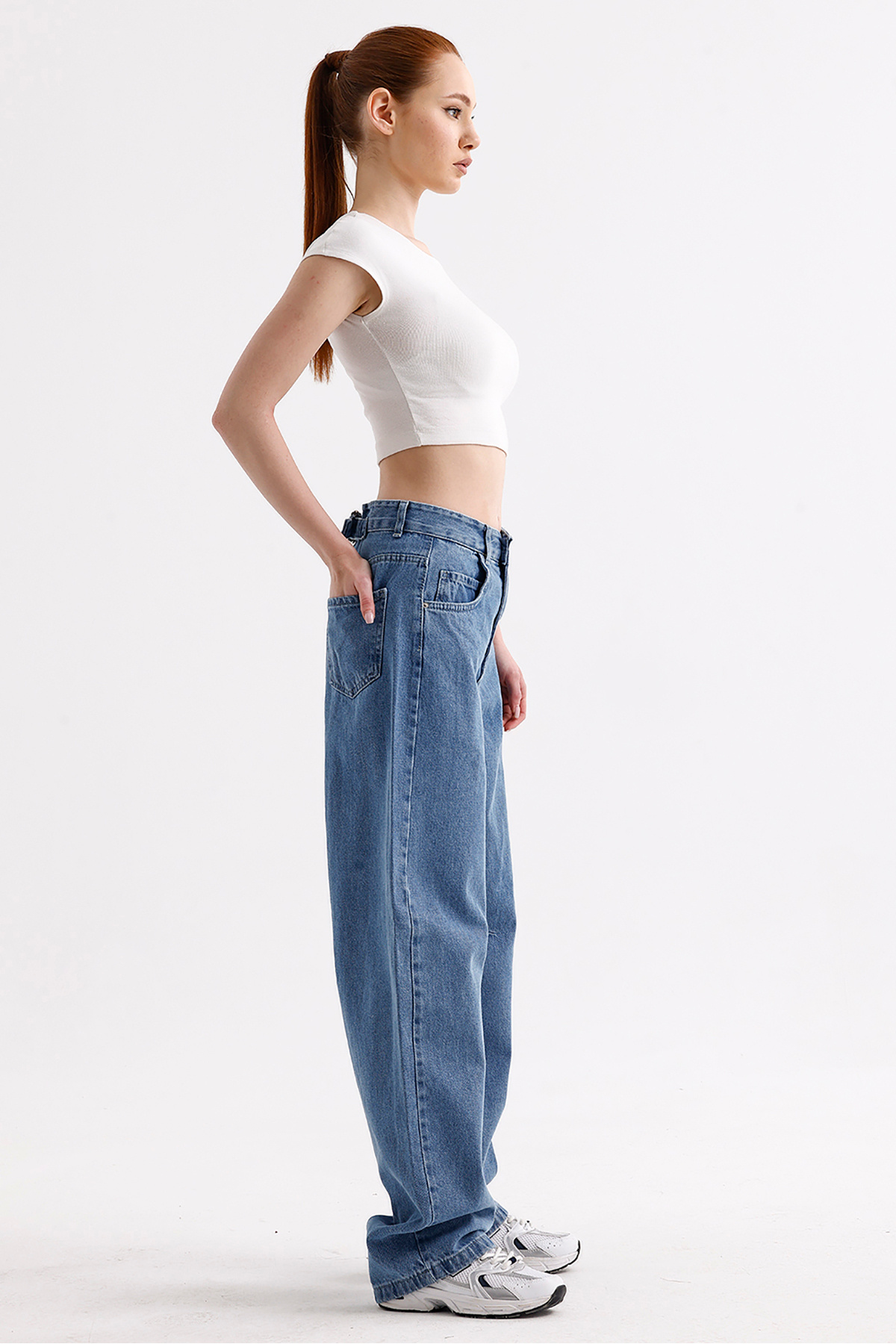 VOSSAX-Women's High Waist Buckle Detailed Loose Fitting Wide Leg Casual Baggy Jean Blue Jeans Loose Pants 5