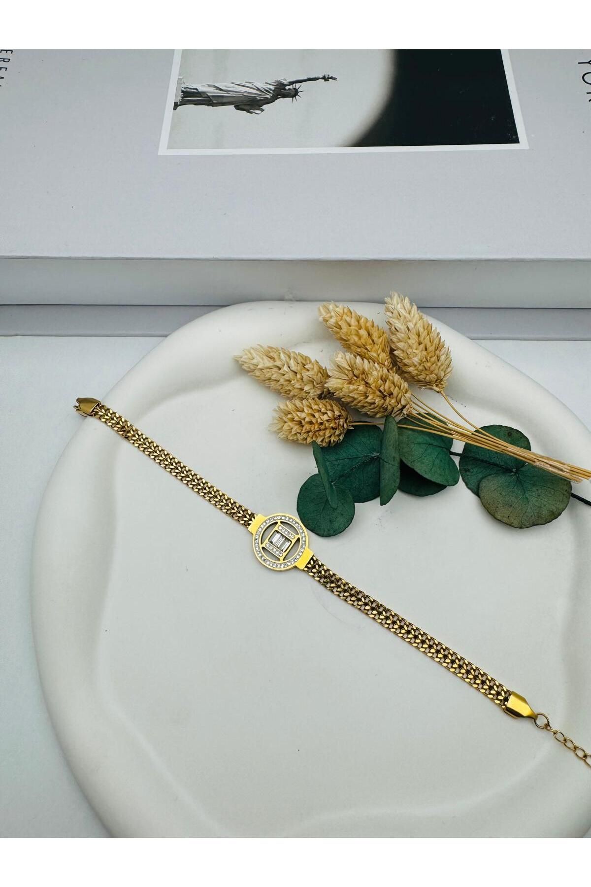 RBY Baget Taş Detaylı Çelik Bileklik (Gold) Blk 270