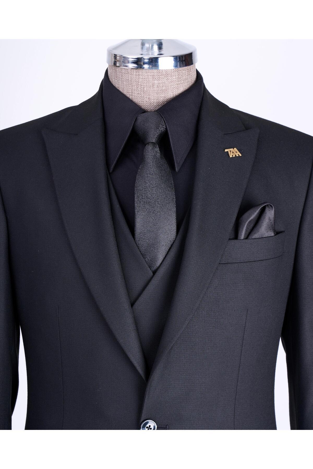 TerziAdemAltun İtalyan stil slim fit ceket yelek pantolon takım elbise siyah T13056 görsel 2