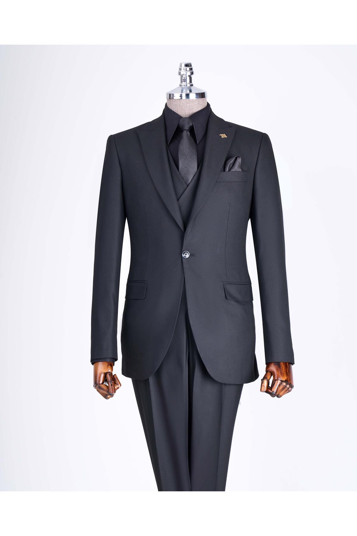 TerziAdemAltun İtalyan stil slim fit ceket yelek pantolon takım elbise siyah T13056 görsel 3