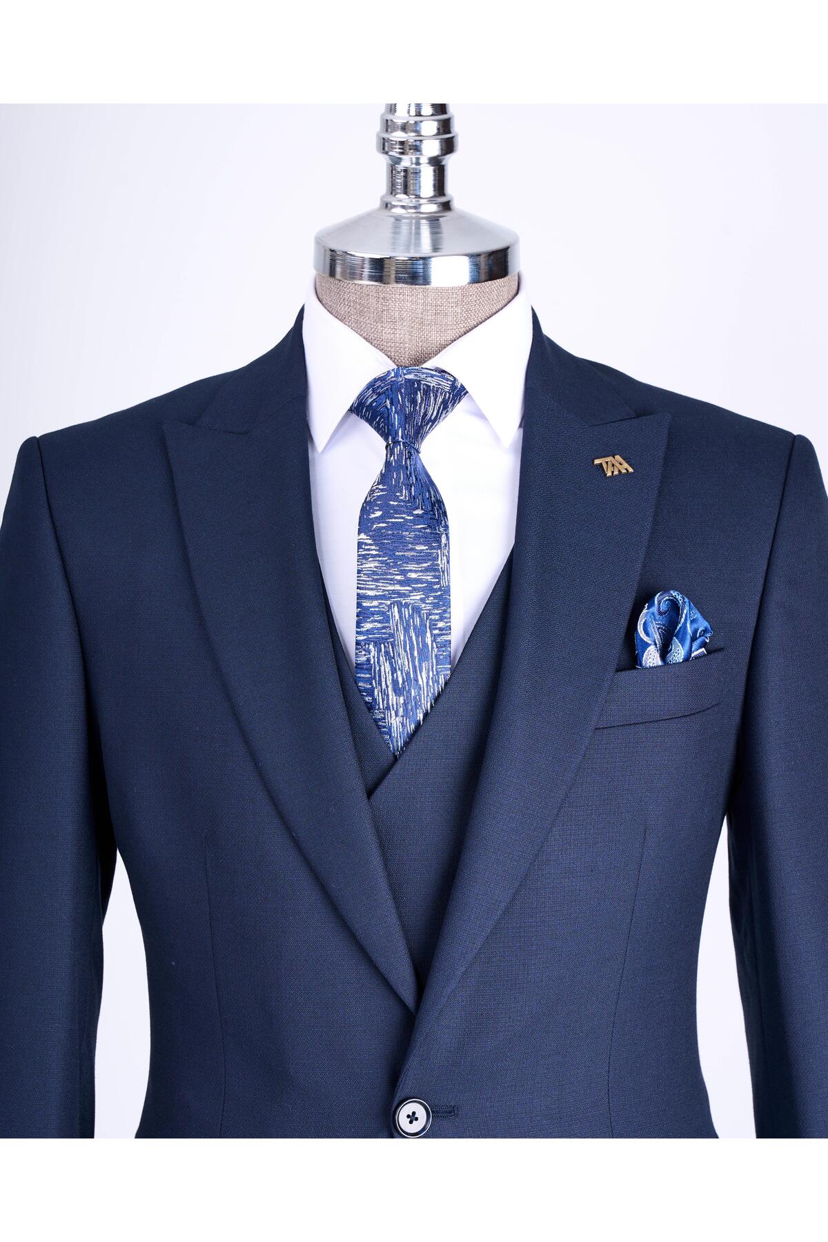 İtalyan stil slim fit ceket yelek pantolon takım elbise lacivert T13057 — سرمه‌ای — تصویر 2 از 6