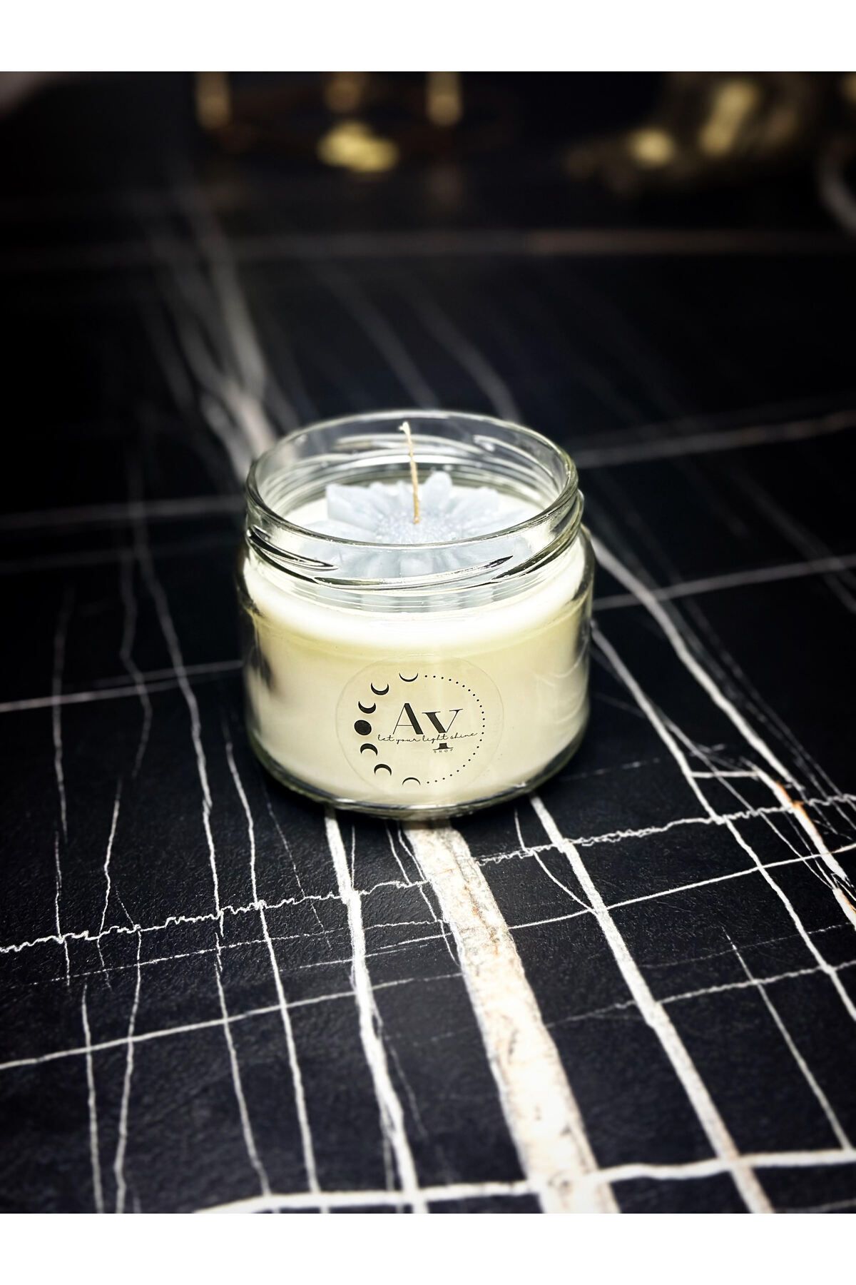 Elioure Siyah Kapaklı 300cc Cam Kavanoz Mum, Kokulu, Soya Wax, Hediyelik, Papatya Kokusu
