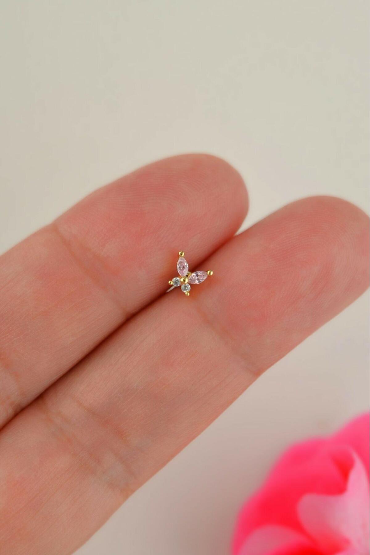 Butterfly Piercing Helix Cartilage Lobe Gold Color with Pink Gemstone
