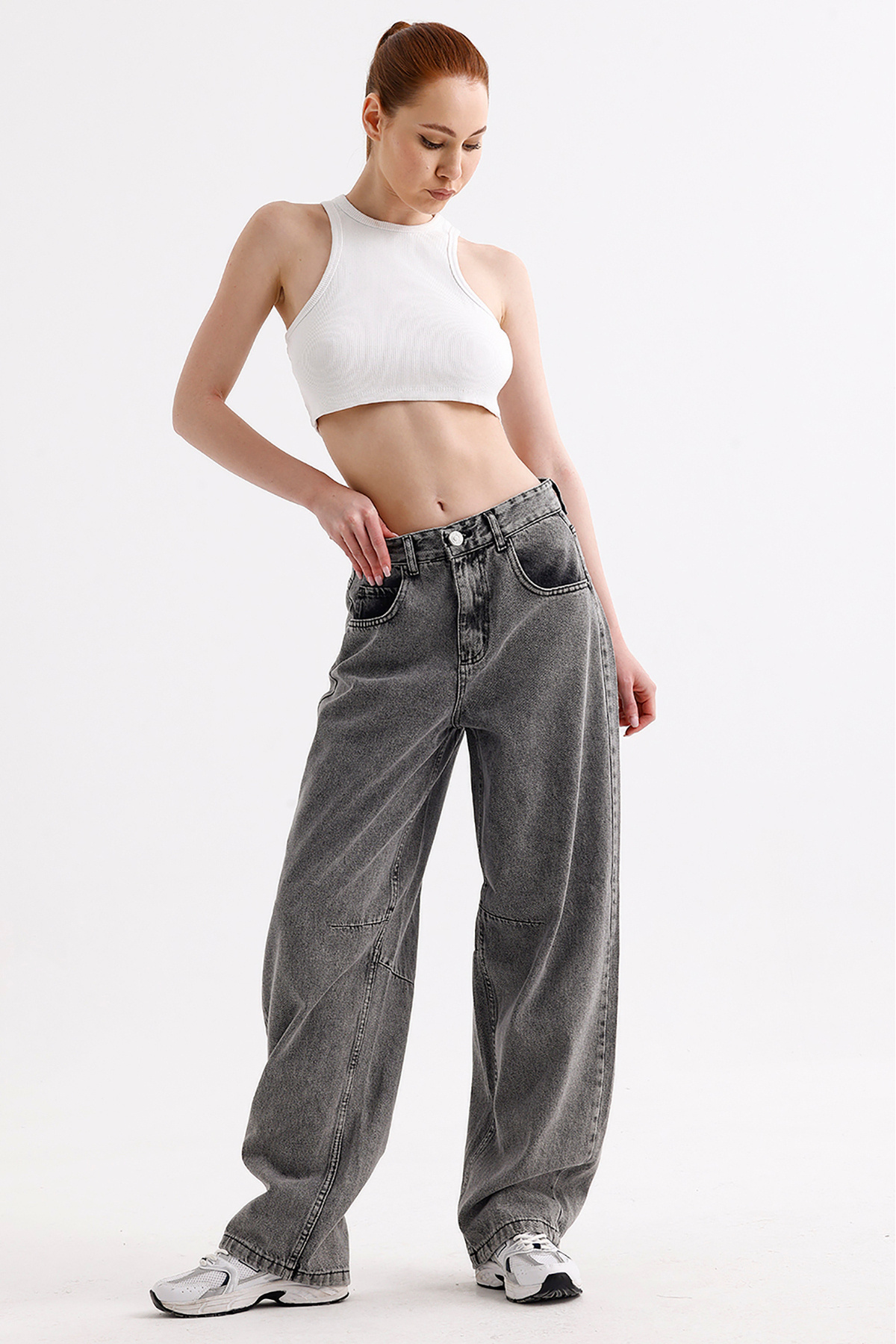 VOSSAX-Women's High Waist Buckle Detailed Loose Fitting Wide Leg Casual Baggy Jean Blue Jeans Loose Pants 4