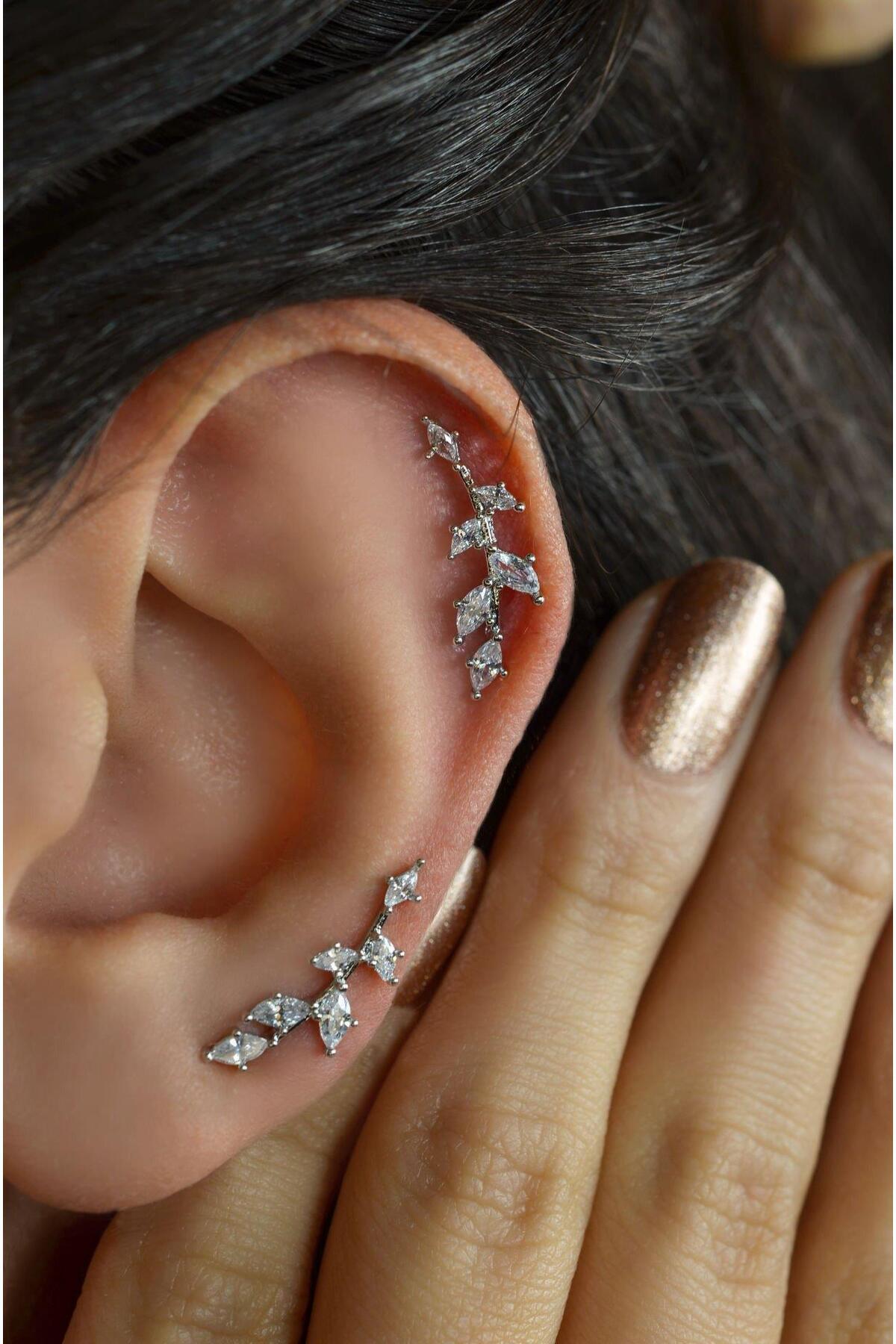 Spring Branch Zircon Cartilage Earring Silver Color