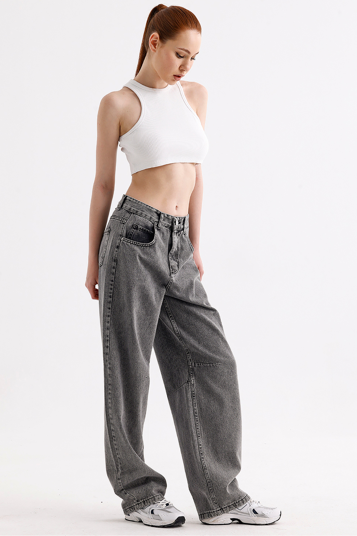 VOSSAX-Women's High Waist Buckle Detailed Loose Fitting Wide Leg Casual Baggy Jean Blue Jeans Loose Pants 3