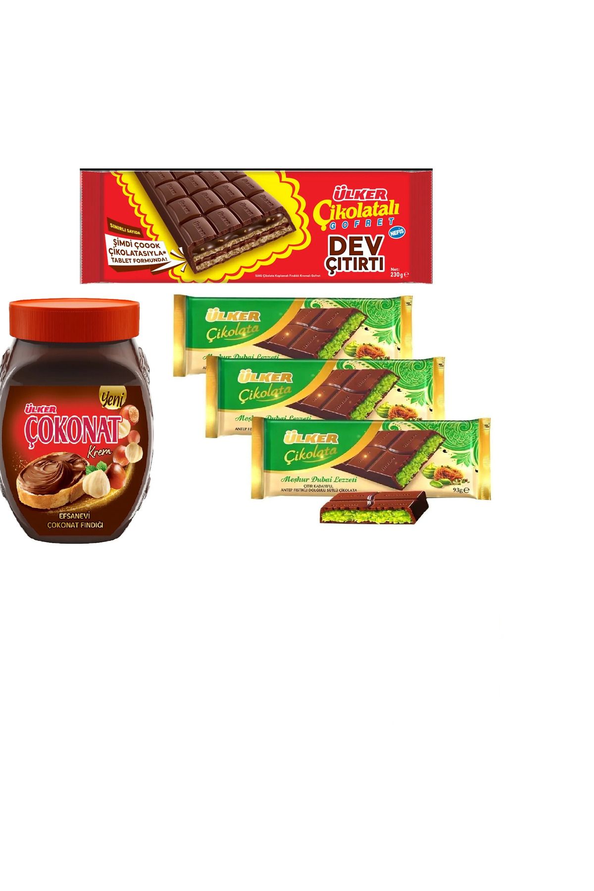 Ülker ÇİKOLATALI GOFRET 230 GR XXL VE ÜLKER ÇOKONAT KREM ÇİKOLATA 650 GR & ÜLKER DUBAİ ÇİKOLATASI 93 GRX3