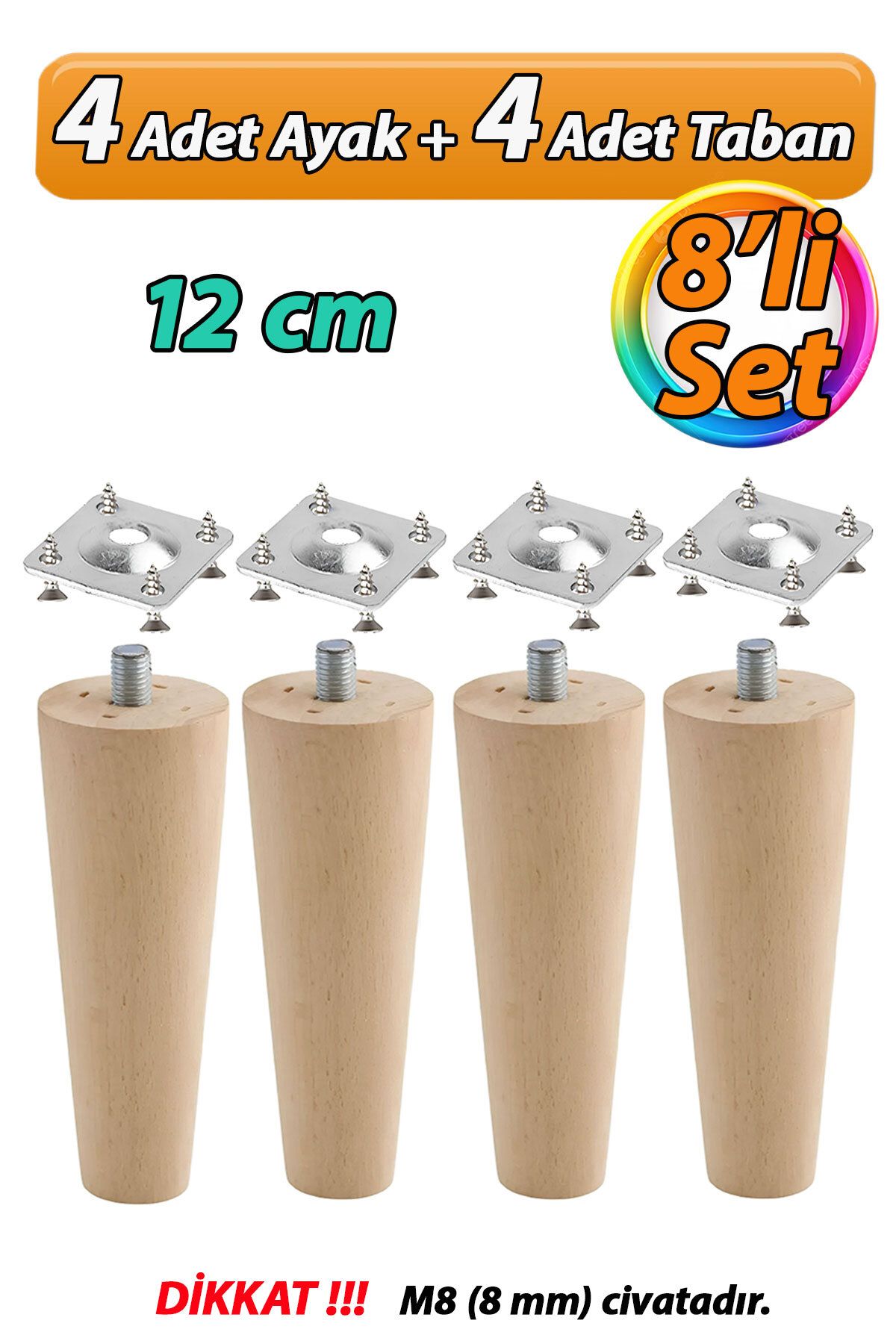 GLASWEN Ahşap Ayak 12 Cm 8'li Set M8 Civatalı Bağlantı Aparatlı Dolap Mobilya Koltuk Kanepe Destek Ayağı Aya