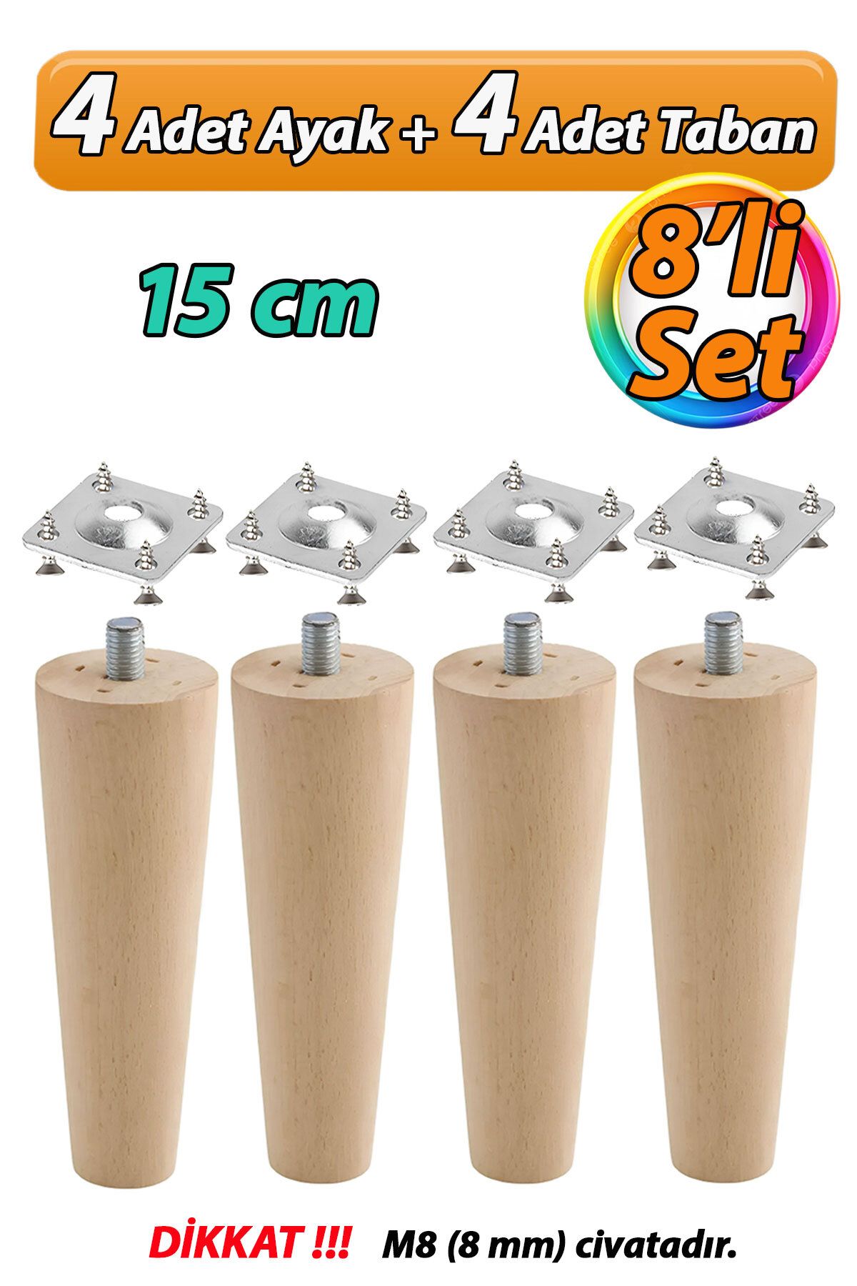 GLASWEN Ahşap Ayak 15 Cm 8'li Set M8 Civatalı Bağlantı Aparatlı Dolap Mobilya Koltuk Kanepe Destek Ayağı Aya