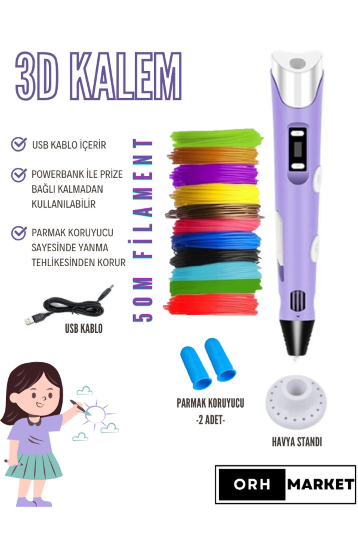 ORH Market 3D Pen 3D Kalem USB Kablolu Üç Boyutlu Yazıcı Kalem Printer-Mor (10 ADET 5M FİLAMENT -50METRE-)