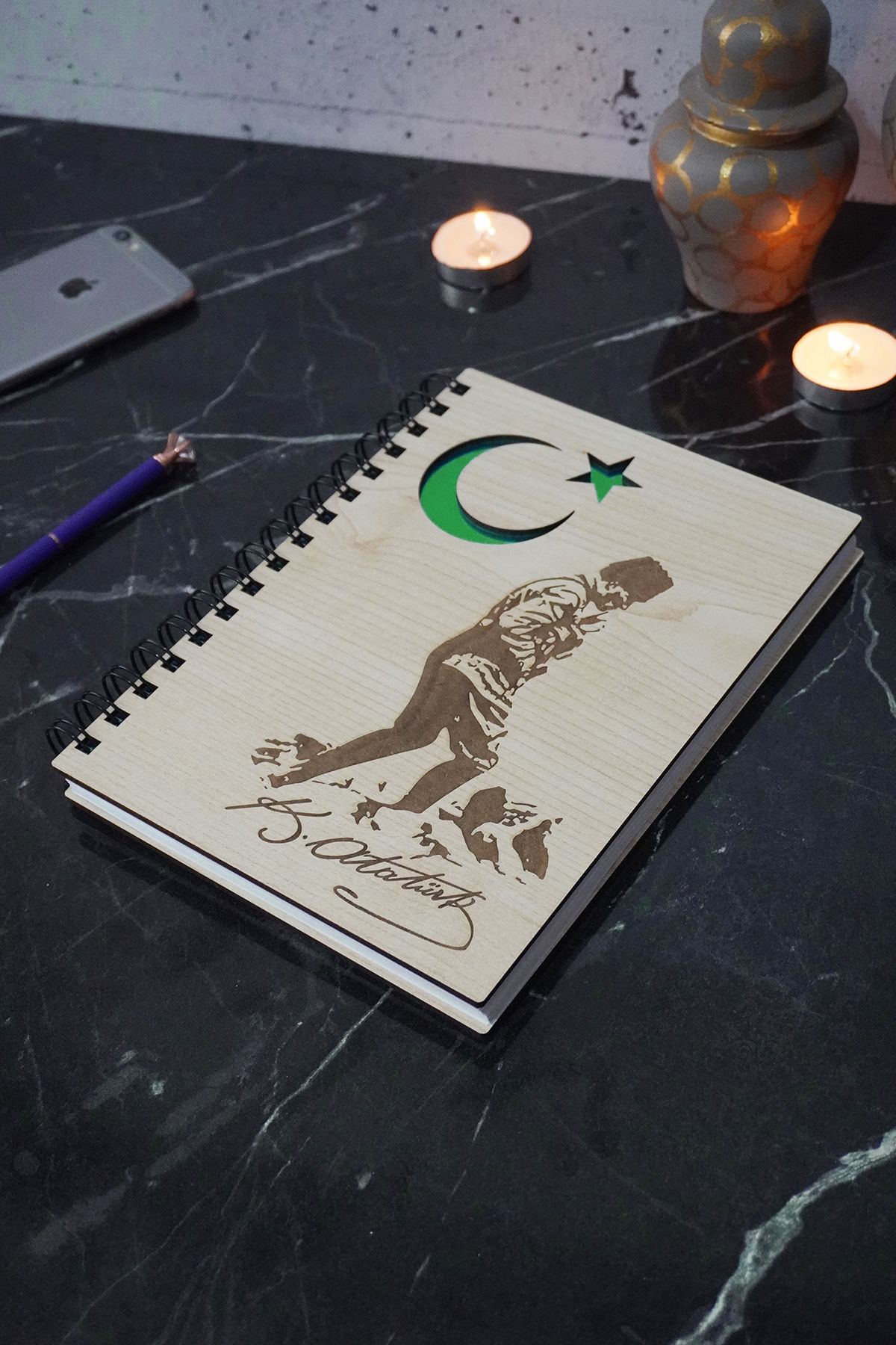 markcat Mustafa Kemal Atatürk Desenli Ahşap Defter Günlük-çizgisiz Defter-okul Defteri 120 Sayfa