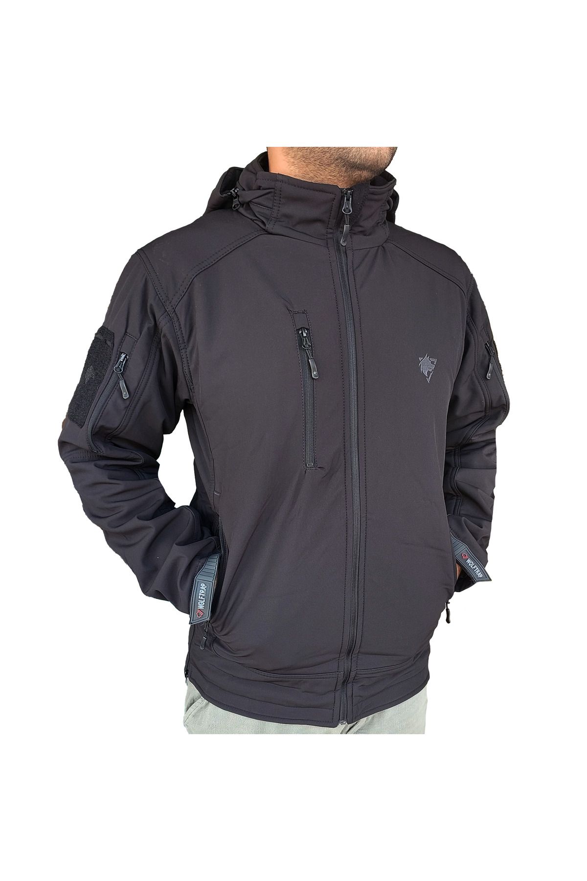 Wolftrap Tactical-Μαύρο παλτό Softshell 2036 με κουκούλα 5 τσέπες αδιάβροχο και αντιανεμικό παλτό 2
