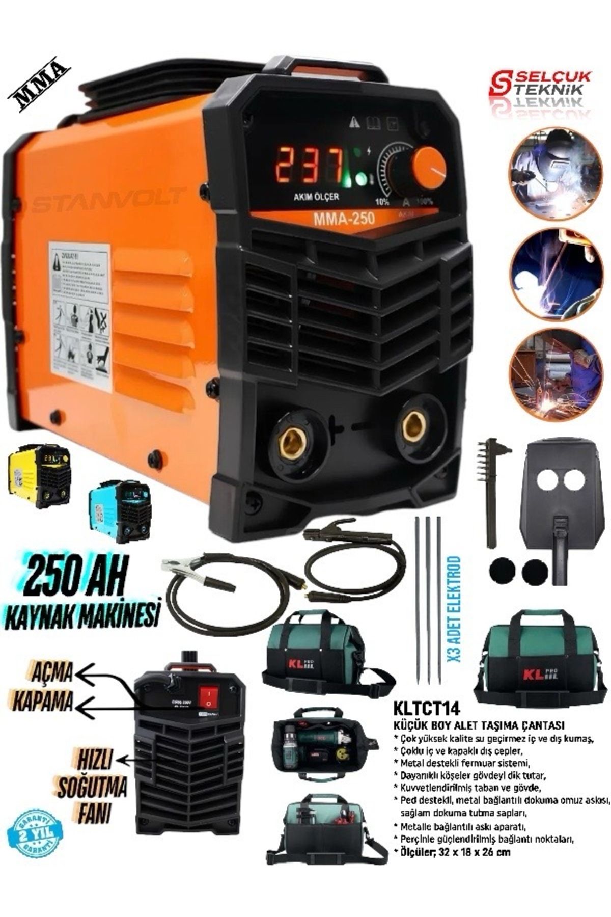 STANVOLT 250 Amper Inverter Tip Kademeli Çanta Kaynak Makinesi + KLPRO TAŞIMA ÇANTASI