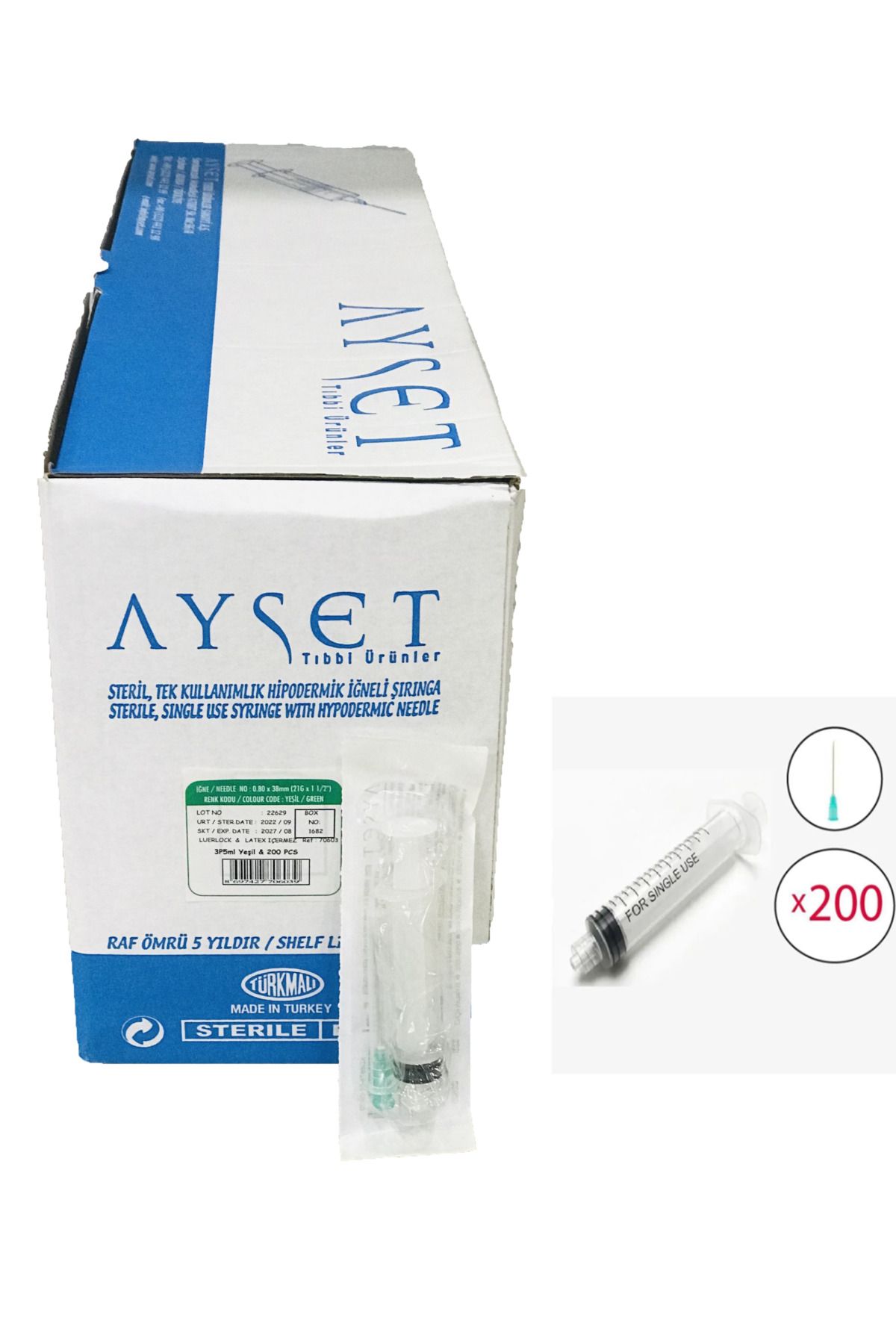 Ayset 5 ml Luer Lock Kilitli Yeşil İğneli Enjektör 08*38mm (21g*11/2) 200 Adet