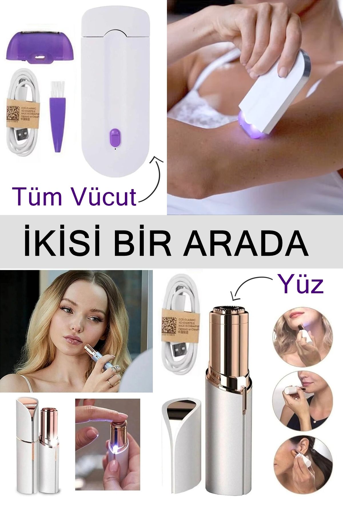 Lurette Mini Yüz Epilatörü Ve Şarjlı Epilasyon Aleti Tüm Vücut Epilatör Tıraş Makinesi İkili Set