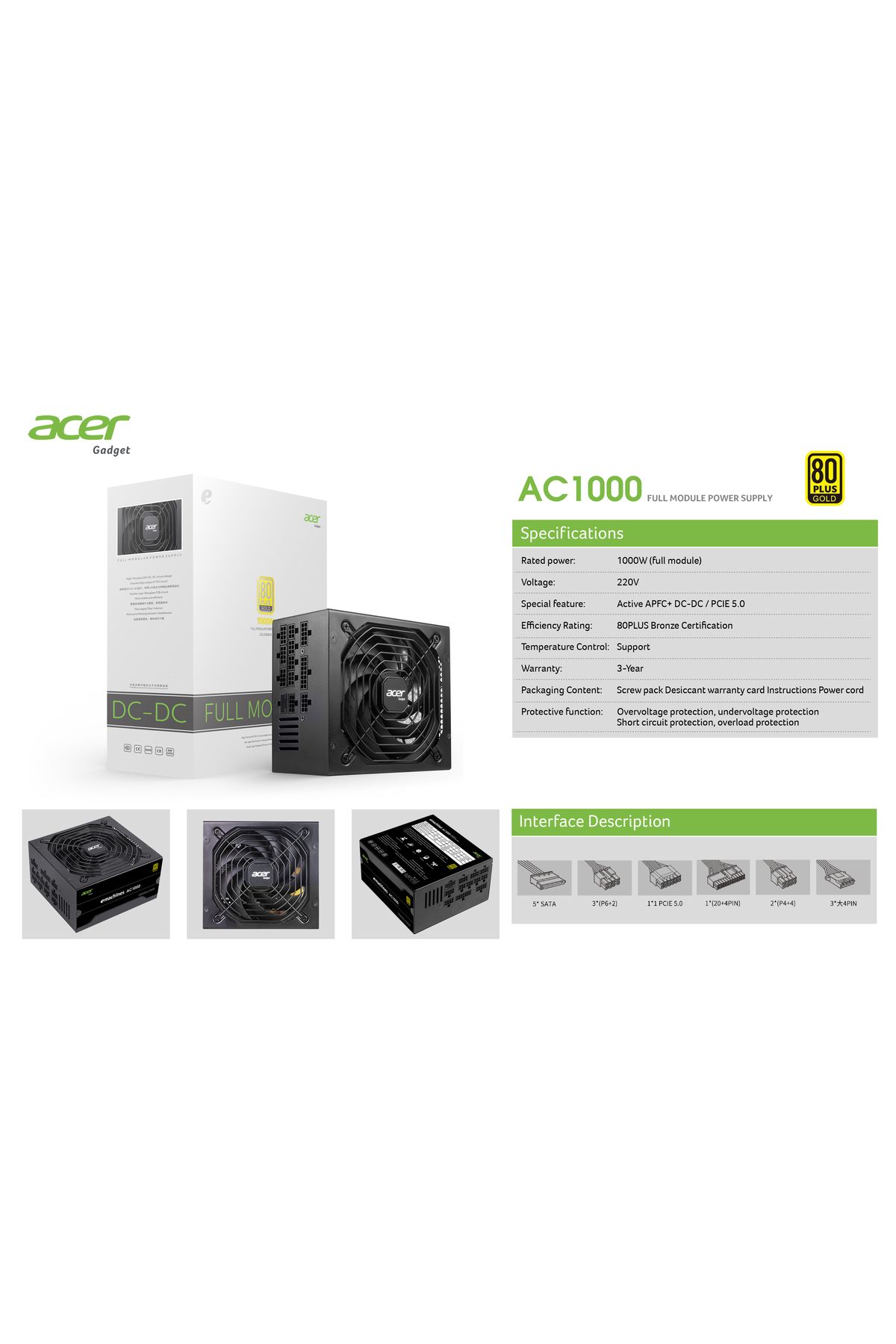 ACER-1000W (AC1000), Gold PSU,80 Plus,Fully Modular: efficient,low-noise power supply,modular cables 4