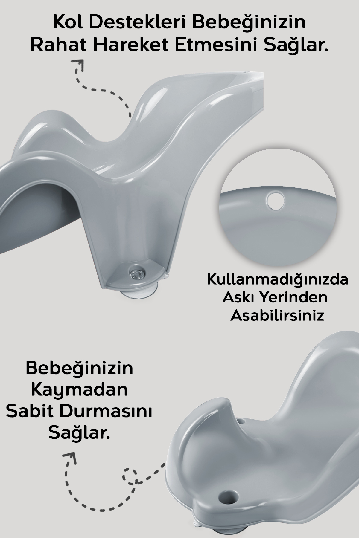 Meleni Baby 3'lü Set - Vakumlu Bebek Yıkama Aparatı, Vakumlu Destekli Banyo Oturağı, Banyo Oturak Minderi Gri fotoğrafı 3 (önizleme)