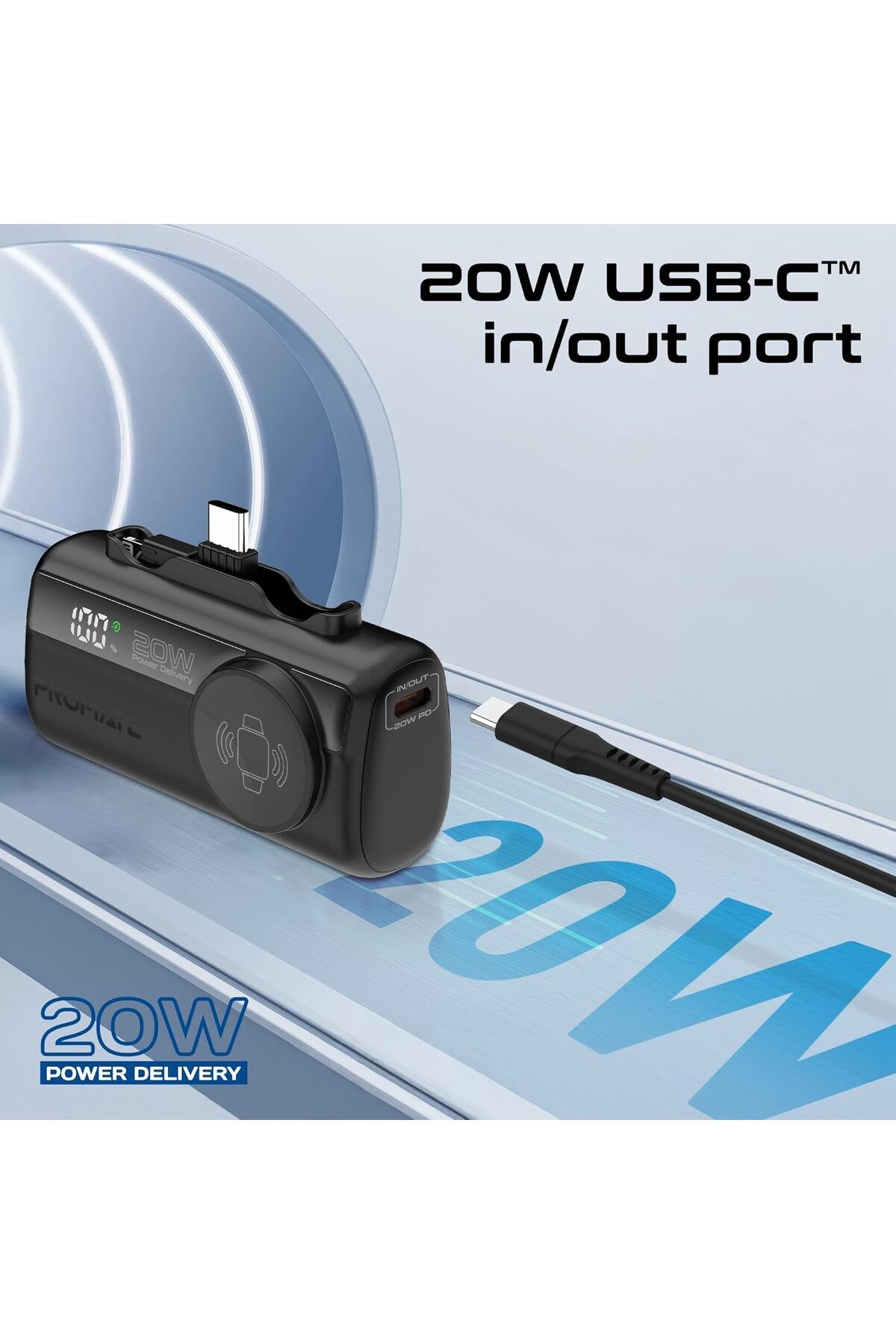 Promate-بنك طاقة صغير 3 في 1، 5000 مللي أمبير/ساعة مع موصل USB-C™ داخلي/خارجي قابل للطي بقوة 20 وات، ومنفذ Lightning F بقوة 12 وات 7