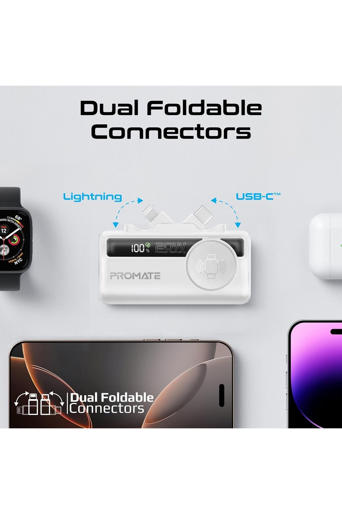 Promate-3 in 1 Mini Power Bank, 5000mAh with 20W USB-C™ In/Out Foldable Connector 3