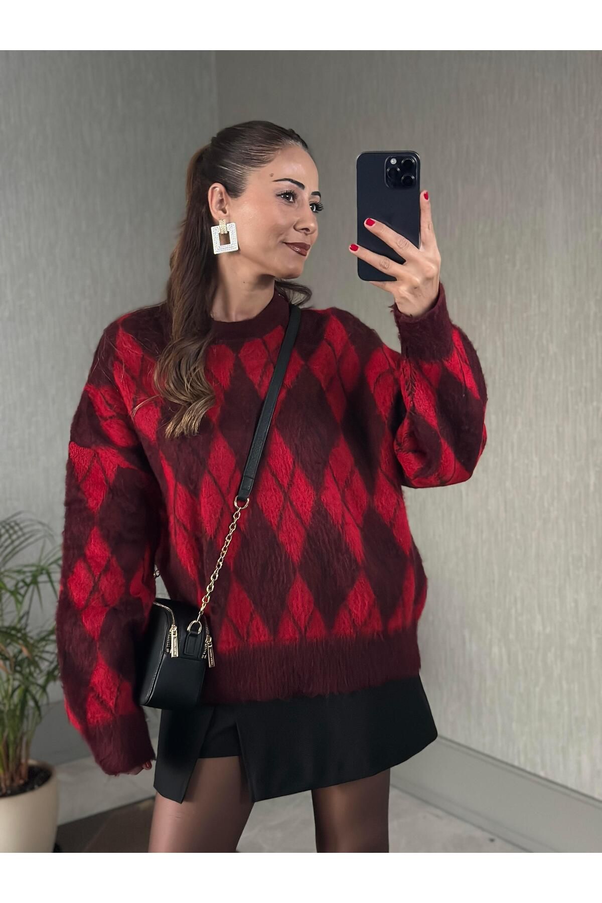 Forlady Butik Kırmızı Bordo Bisiklet Yaka Baklava Desen Kadın Yumoş Kazak