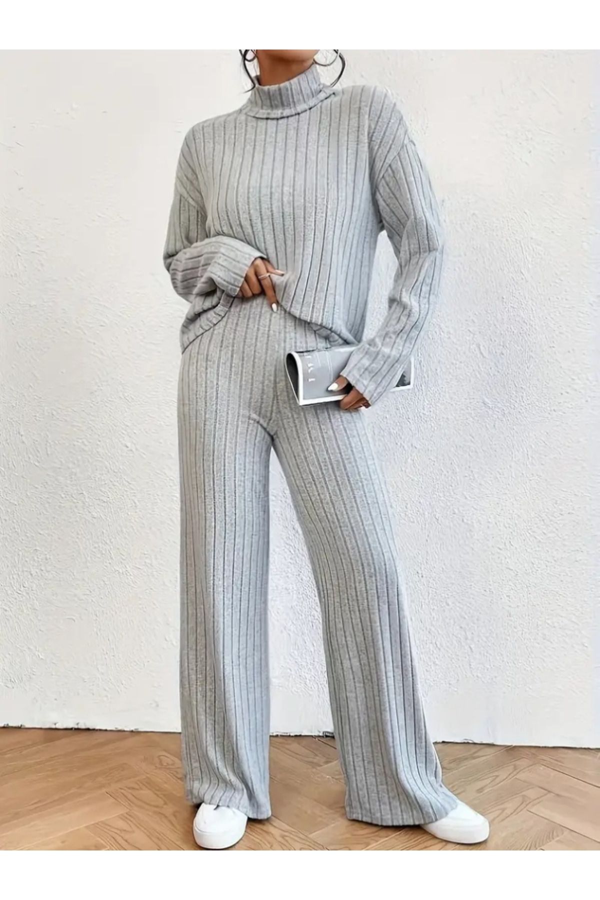 velmorafashion Kadın Uzun Kollu Balıkçı Yaka şardonlu Bluz Ve Pantolon Ikili Takım