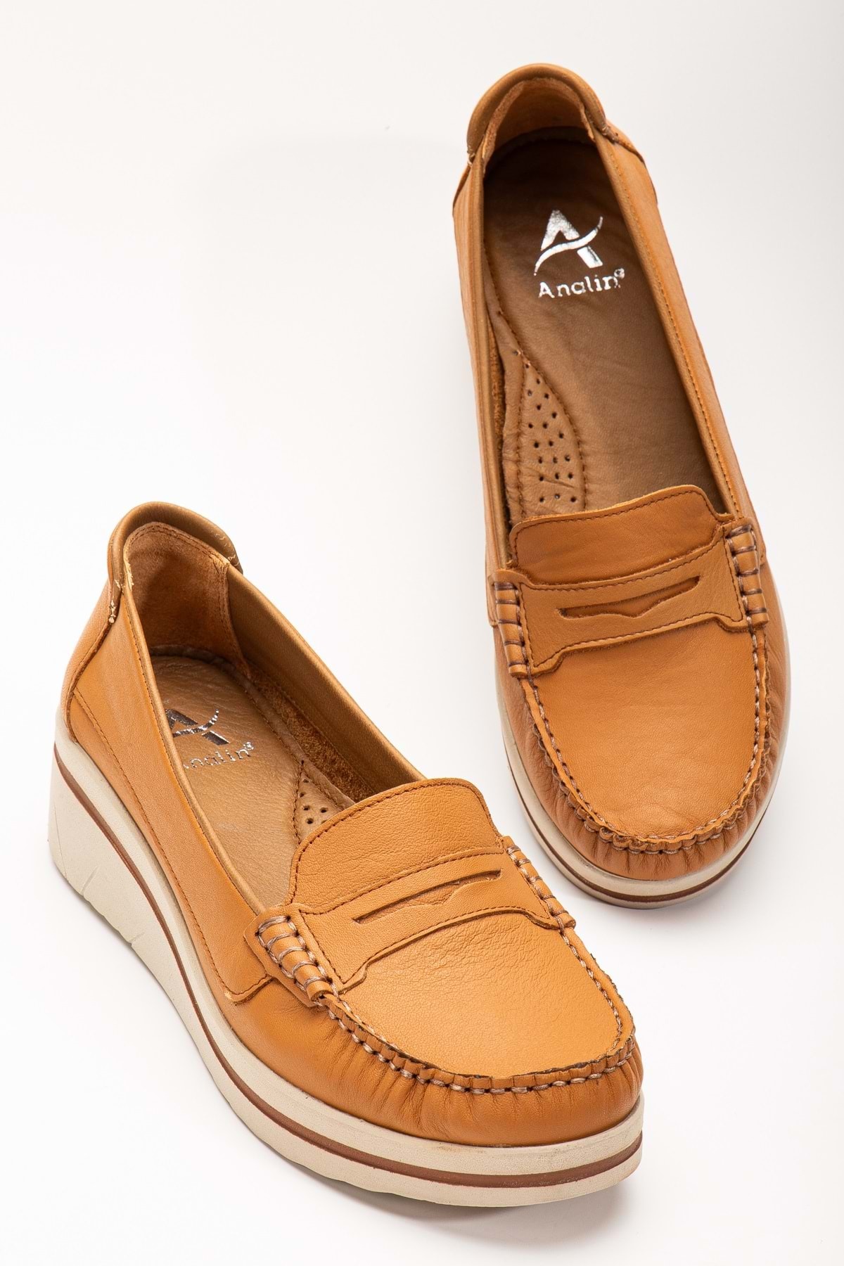 ANALİN SHOES Kadın Hakiki Deri Saraçlı Rahat Dolgu Topuk Loafer Ayakkabı Taba görsel 3
