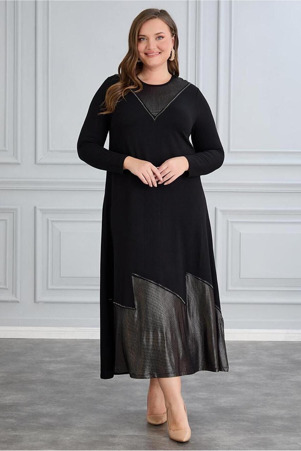 FOR ESRA BIG TREND-Women's Plus Size Neckline Hemline Metalic Block Long Sleeve Stretchy Viscose Maxi Dress 7