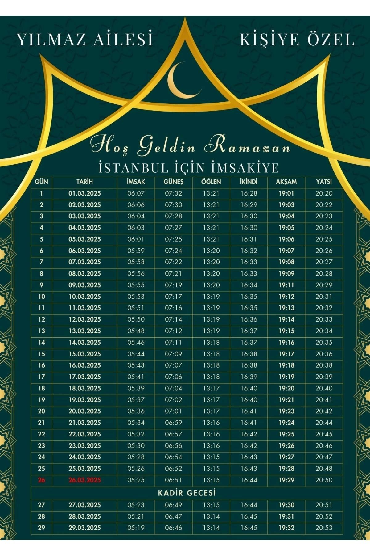 P Parla Ramazan İmsakiyesi Modern Kişiye Özel Tasarımlı Dijital Baskı 6 Adet A4 300 gr Model 27