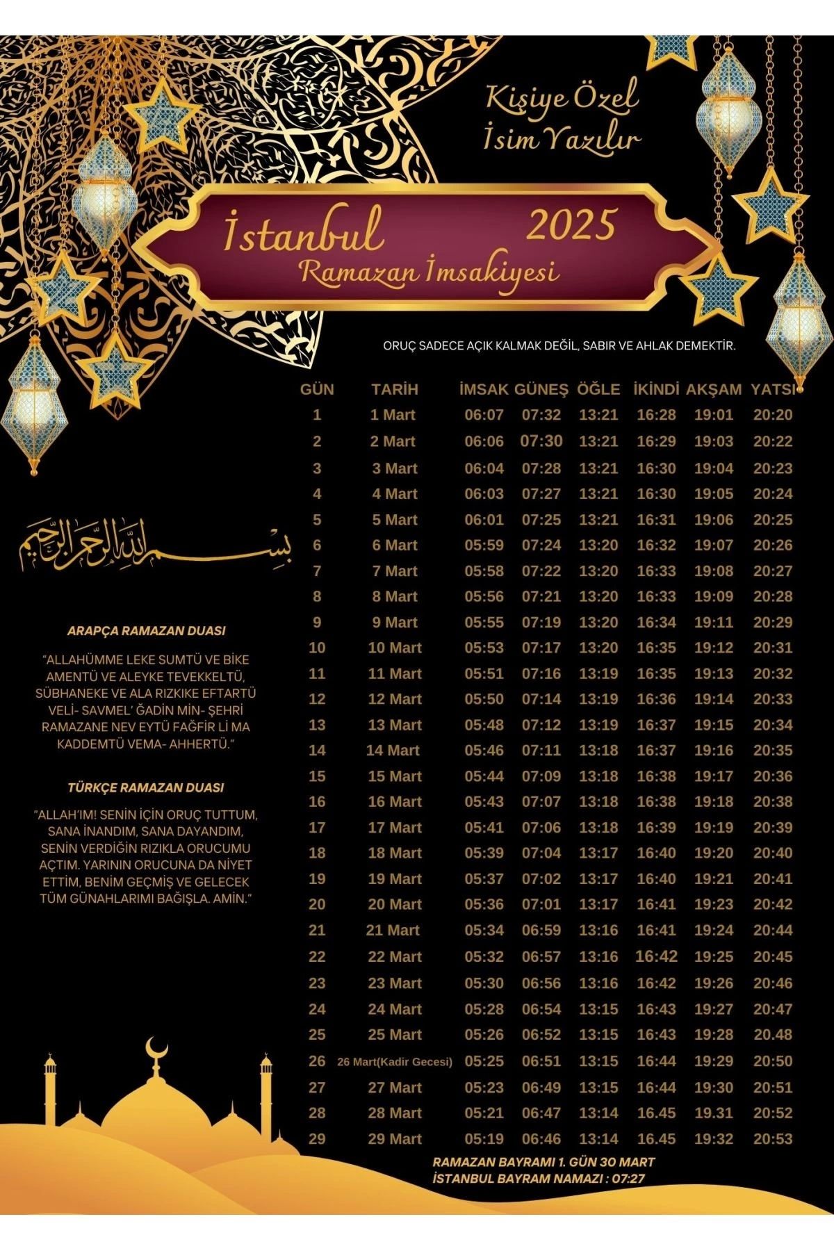 P Parla Ramazan İmsakiyesi Modern Kişiye Özel Tasarımlı Dijital Baskı 6 Adet A4 300 gr Model 40